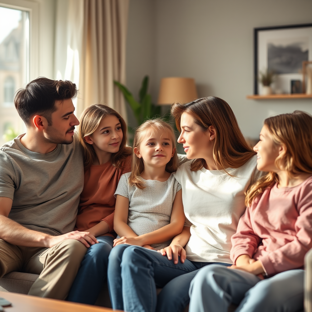 Een warme, uitnodigende afbeelding van een gezin dat samen op een bank zit in een comfortabele woonkamer, met zachte natuurlijke verlichting die door het raam valt. De gezinsleden kijken naar elkaar met een mix van bezorgdheid en hoop, wat de complexiteit van gezinscommunicatie weergeeft.