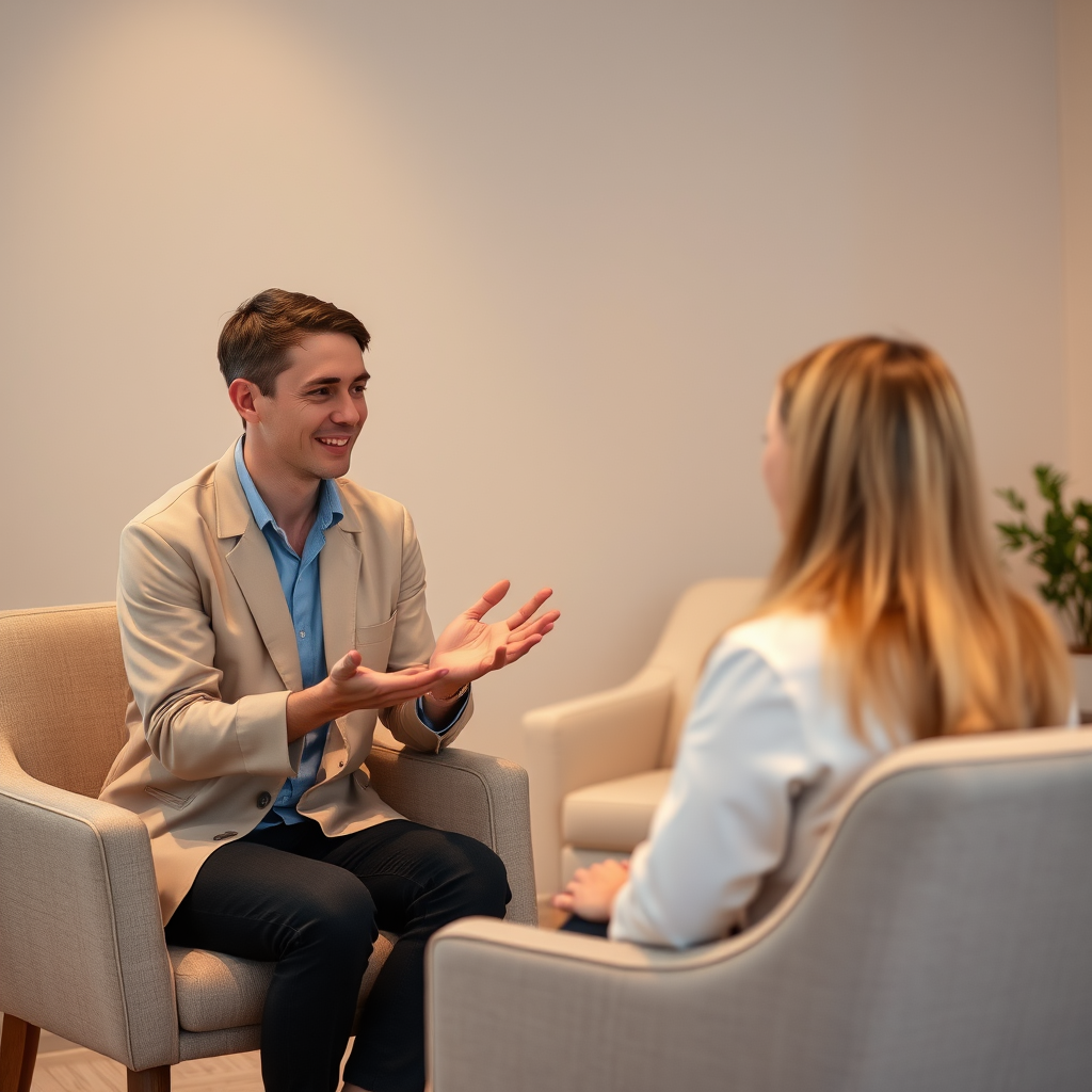 Professionele therapeut in gesprek met cliënt in een rustige, warme therapieruimte met zachte verlichting en comfortabele stoelen, waarbij vertrouwen en veiligheid worden uitgestraald