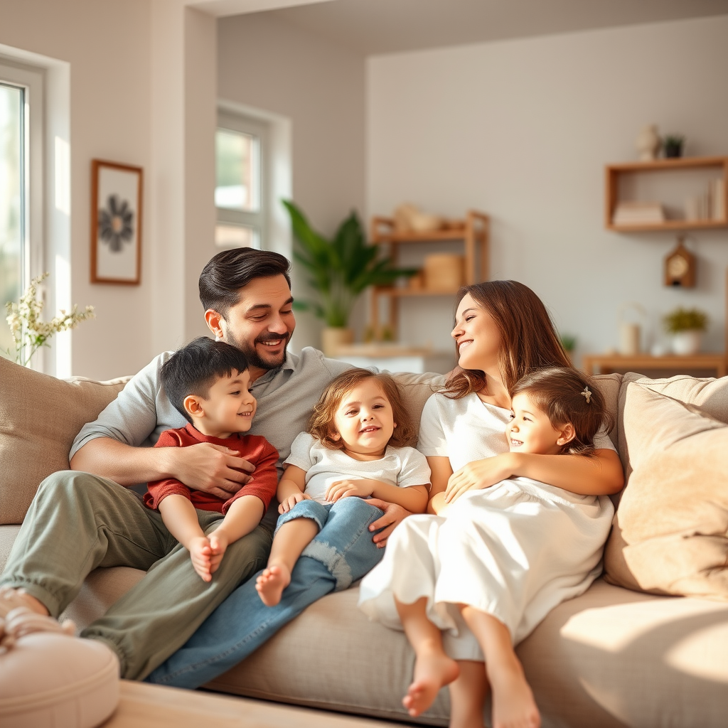 Een warm en uitnodigend gezinstafereel met ouders en kinderen die samen ontspannen in een comfortabele woonkamer, zachte natuurlijke verlichting, moderne huiselijke setting die emotionele verbinding en welzijn uitstraalt
