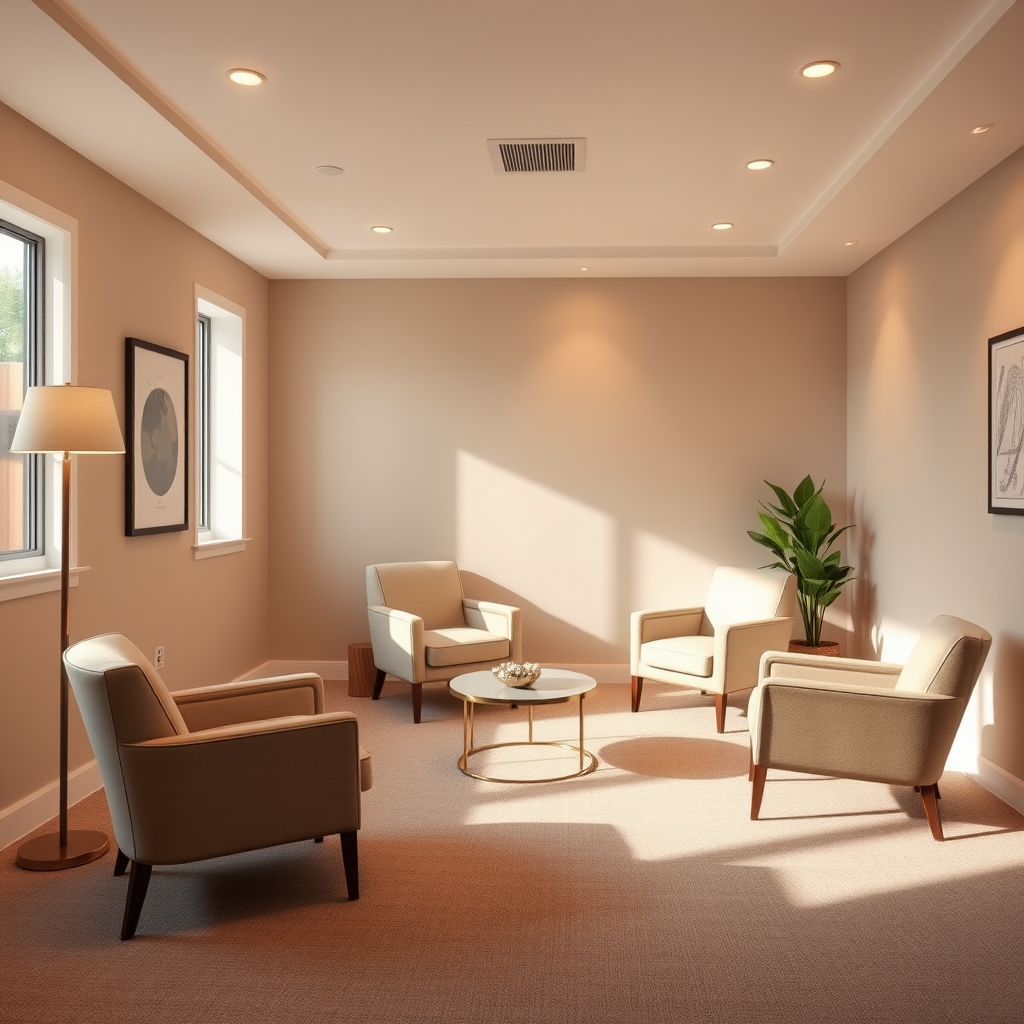 Warme, professionele therapieruimte met zachte verlichting, comfortabele stoelen en een rustgevende sfeer voor individuele counseling sessies