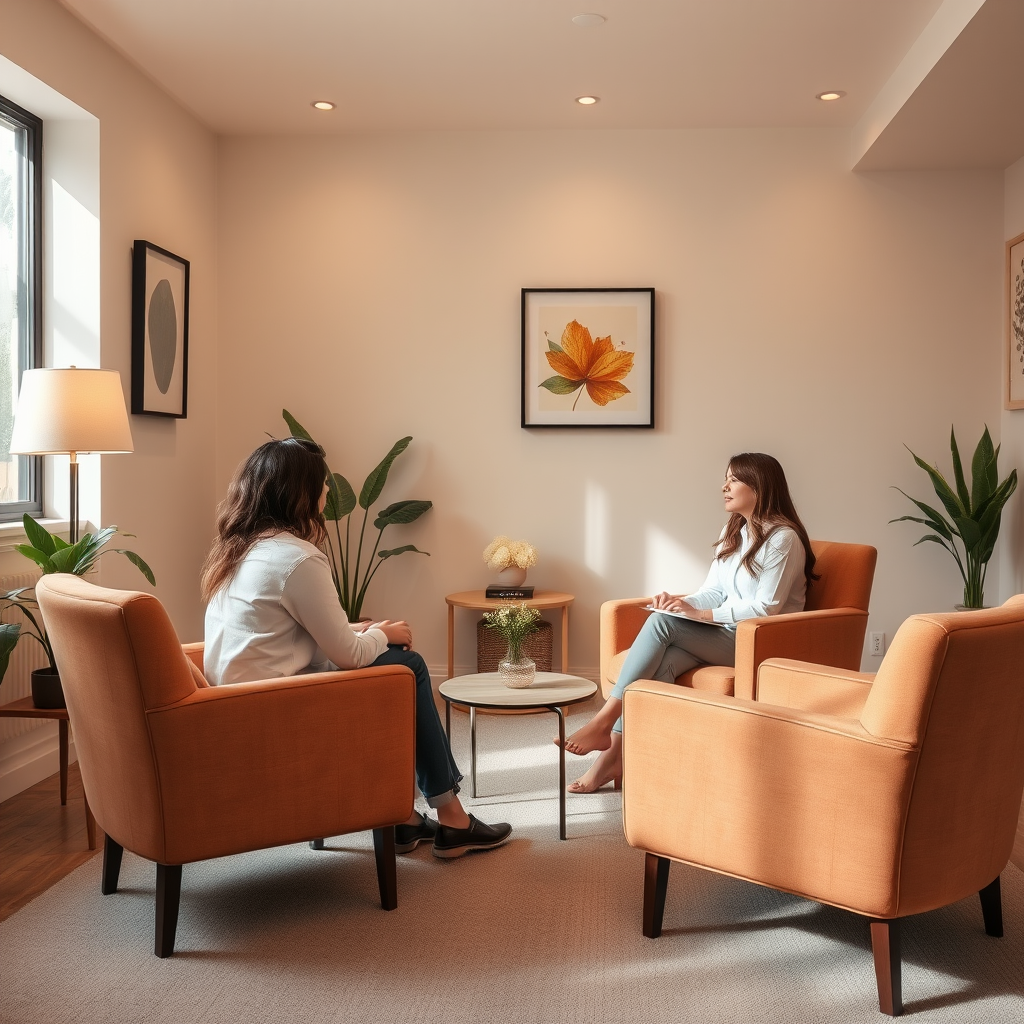 Een warme, uitnodigende therapieruimte met comfortabele stoelen, zachte verlichting en een rustgevende sfeer waar een therapeut en cliënt in gesprek zijn