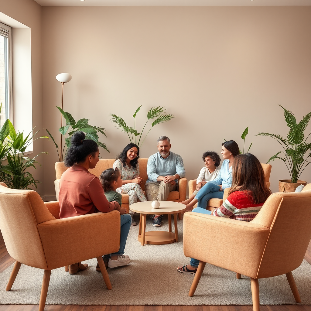 Warme en uitnodigende therapieruimte met comfortabele stoelen in een cirkel, zachte verlichting en planten, waar een diverse familie samen zit tijdens een therapiesessie met een professionele counselor