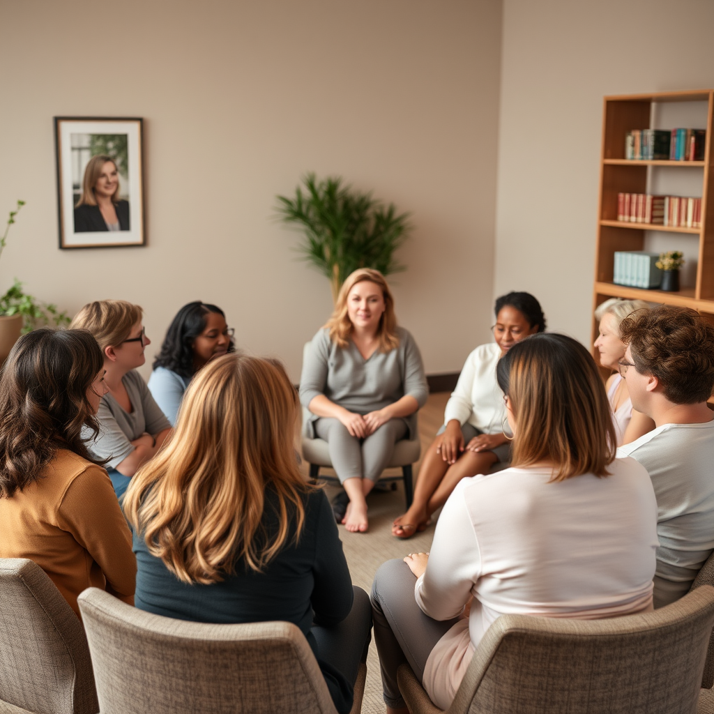 Diverse groep mensen zittend in een cirkel tijdens een ondersteunende groepstherapie sessie, geleid door een professionele therapeut in een warme, uitnodigende ruimte met zachte verlichting