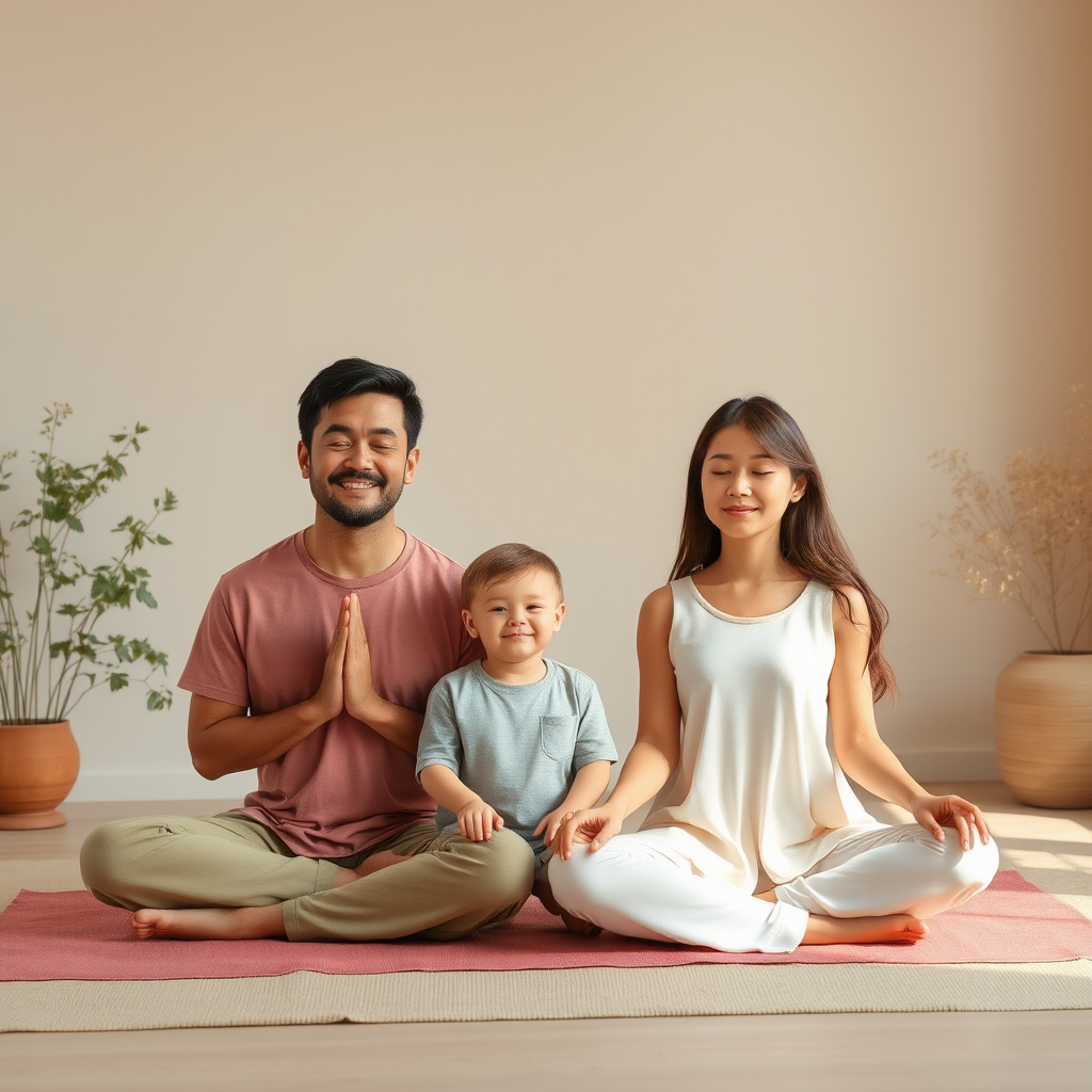 Een gezin dat samen mediteert of mindfulness beoefent in een rustige, natuurlijke omgeving met zachte kleuren en vredige uitstraling