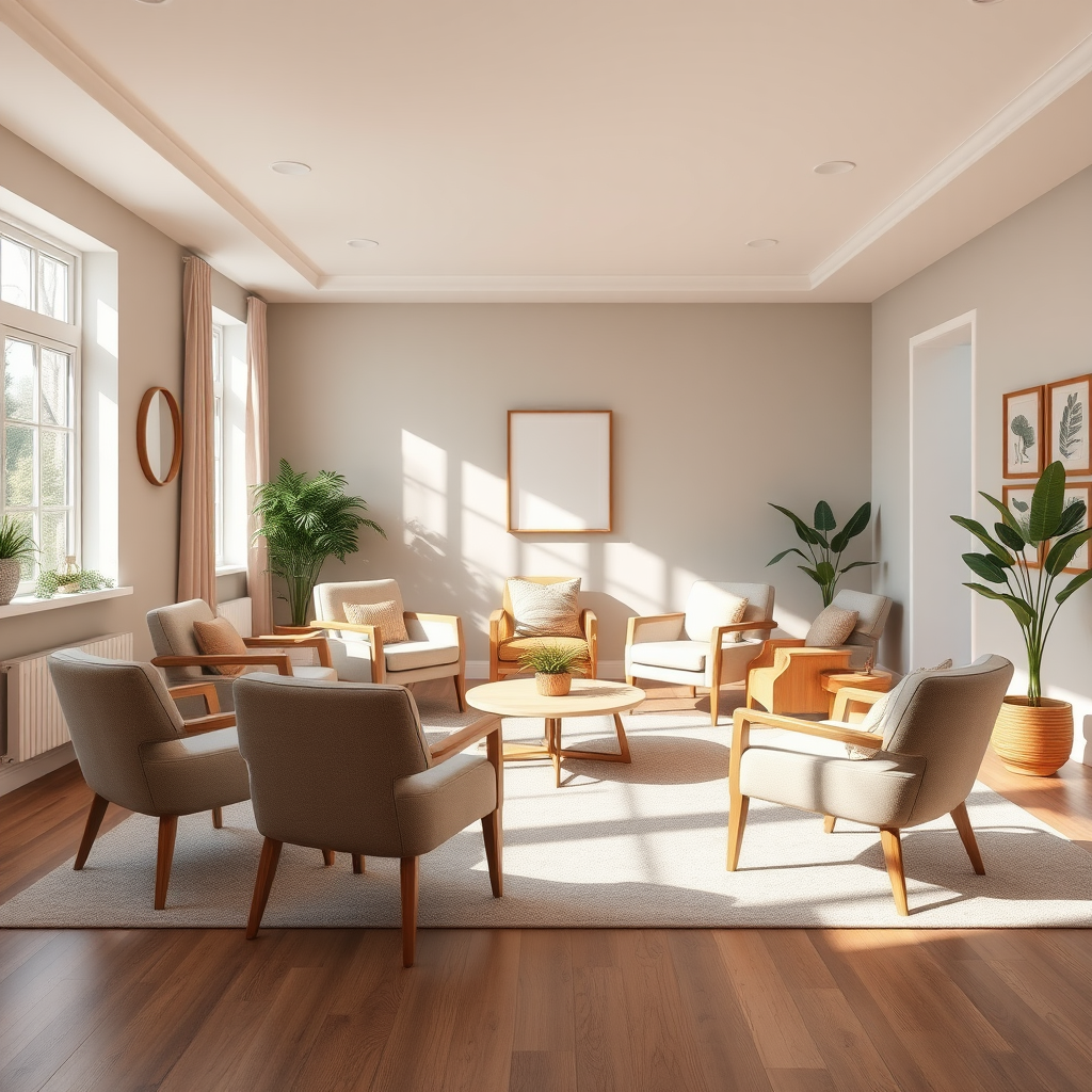Gezellige familieruimte met cirkel van stoelen, zachte kleuren en natuurlijk licht, perfect voor familie therapie en mediation sessies