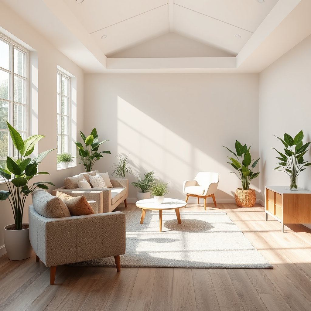 Een serene therapieruimte met natuurlijk licht, planten en comfortabele zitplaatsen die een gevoel van veiligheid en vertrouwen uitstralen