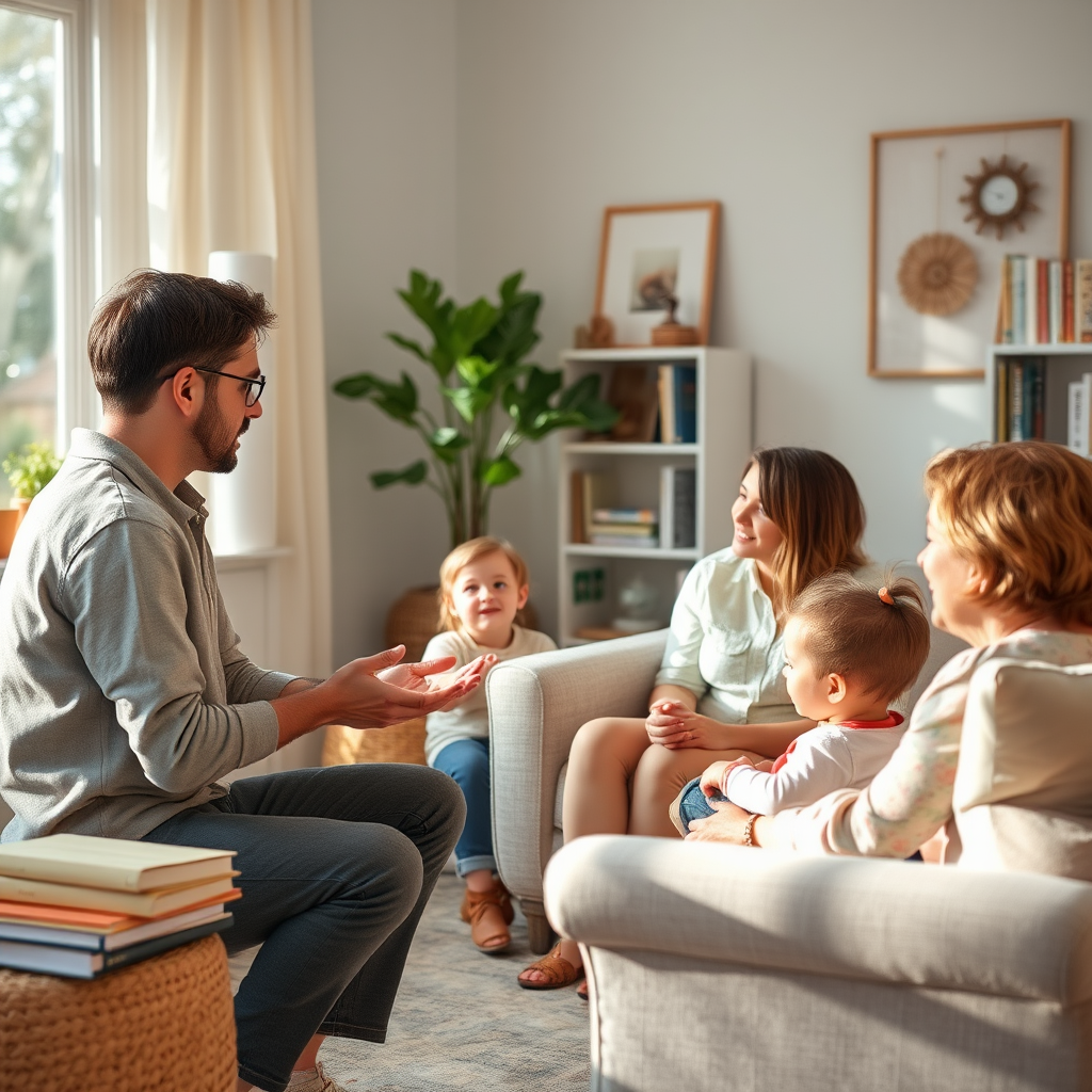 Professionele therapeut in gesprek met een gezin in een rustige, goed verlichte kamer met natuurlijke elementen, boeken en comfortabele zitplaatsen die vertrouwen en veiligheid uitstralen