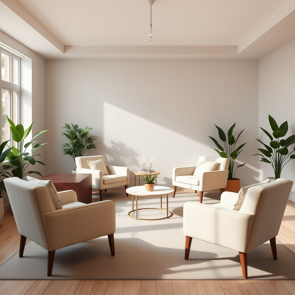 Een serene therapieruimte met comfortabele stoelen gerangschikt in een cirkel, zachte verlichting en planten die een gevoel van veiligheid en openheid creëren voor koppeltherapie sessies