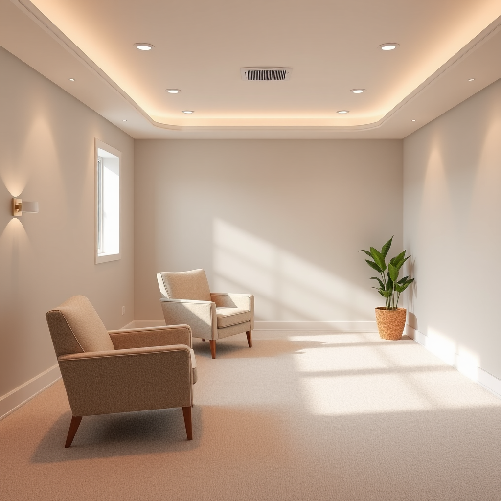 Rustige en veilige therapieruimte met zachte verlichting, comfortabele stoelen en kalme kleuren die veiligheid en vertrouwen uitstralen