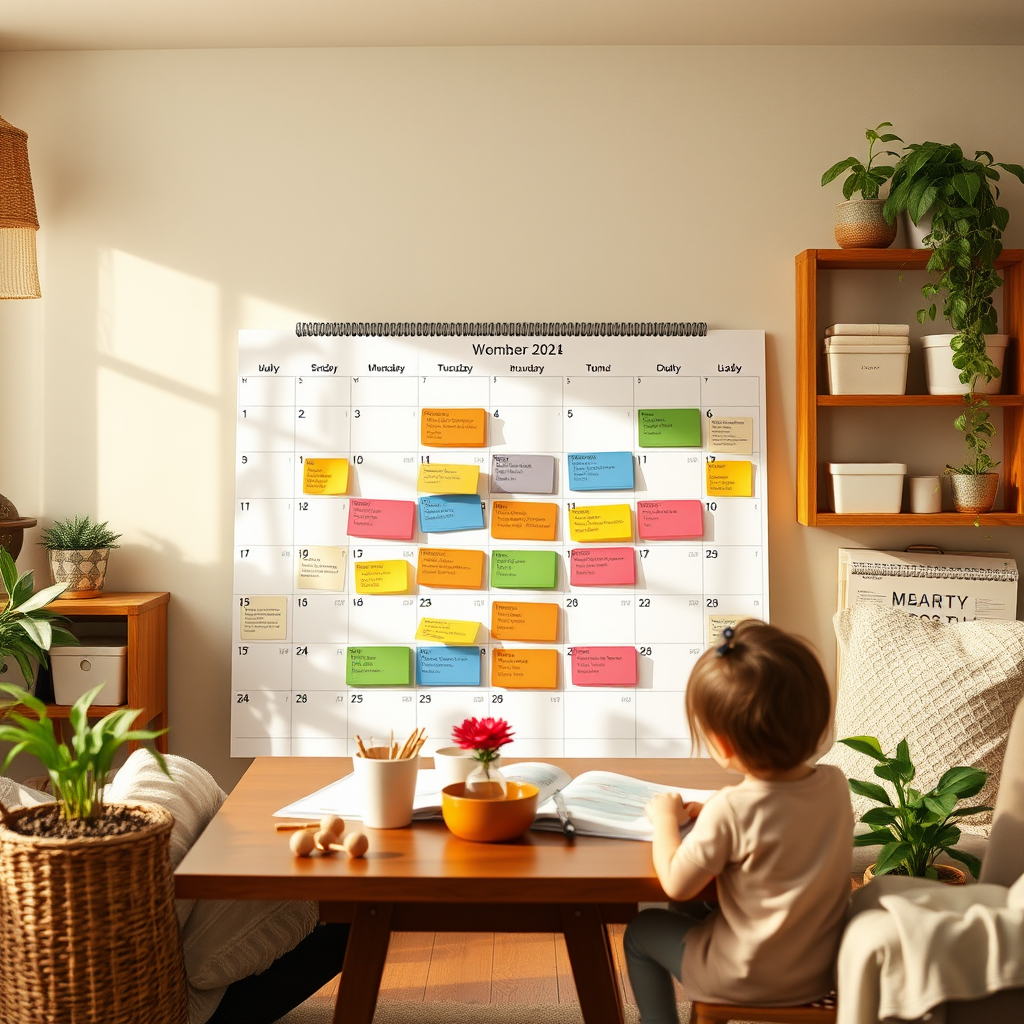 Een georganiseerde gezinskalender of planner met kleurgecodeerde activiteiten, een warme huiselijke omgeving die structuur en organisatie uitstraalt