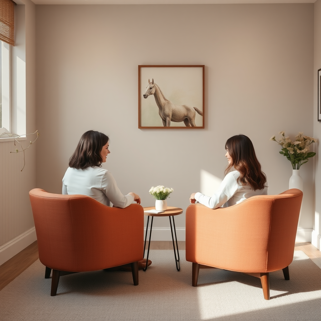 Intieme, warme counseling ruimte met twee comfortabele stoelen tegenover elkaar, zachte verlichting en rustgevende decoratie voor koppel therapie