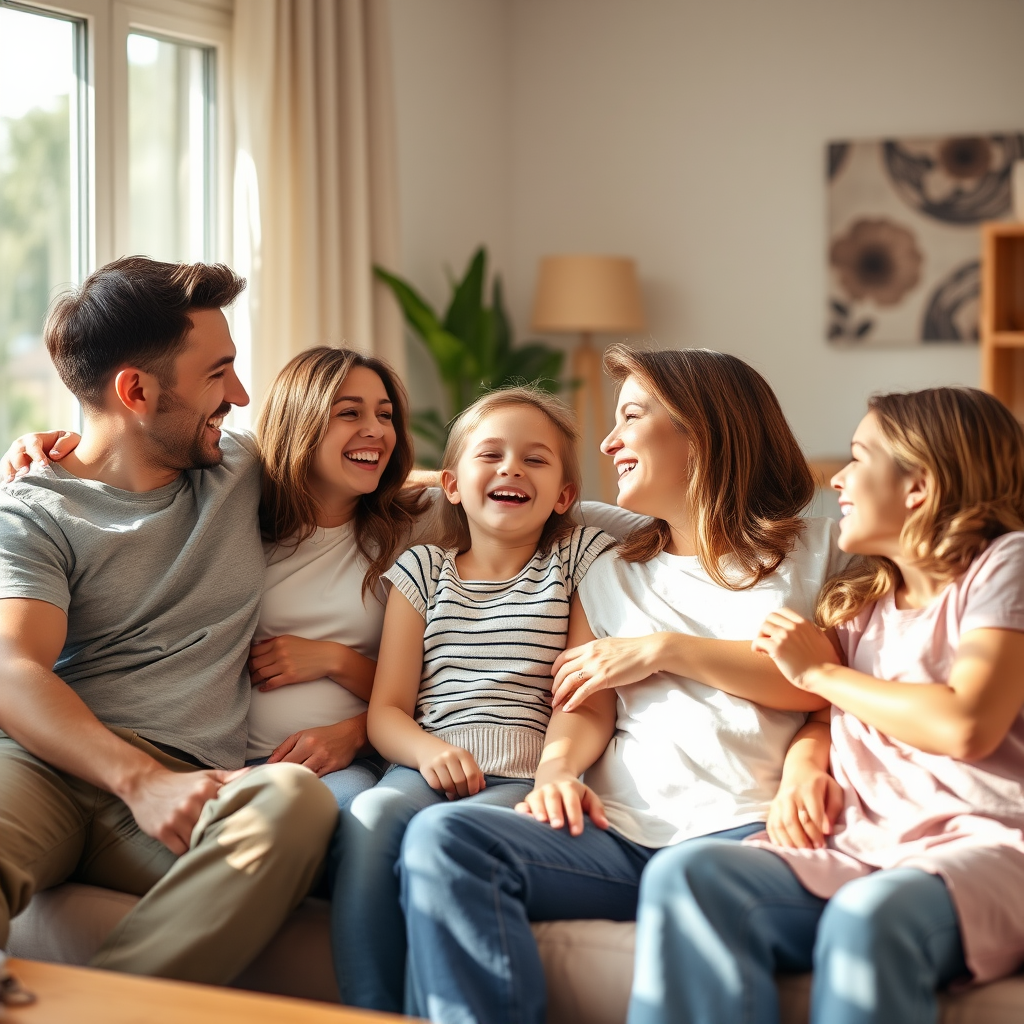 Gelukkig en ontspannen gezin zittend samen op een bank, lachend en in gesprek, in een warme huiselijke omgeving met natuurlijk licht dat door het raam valt, symboliserend harmonie en verbondenheid