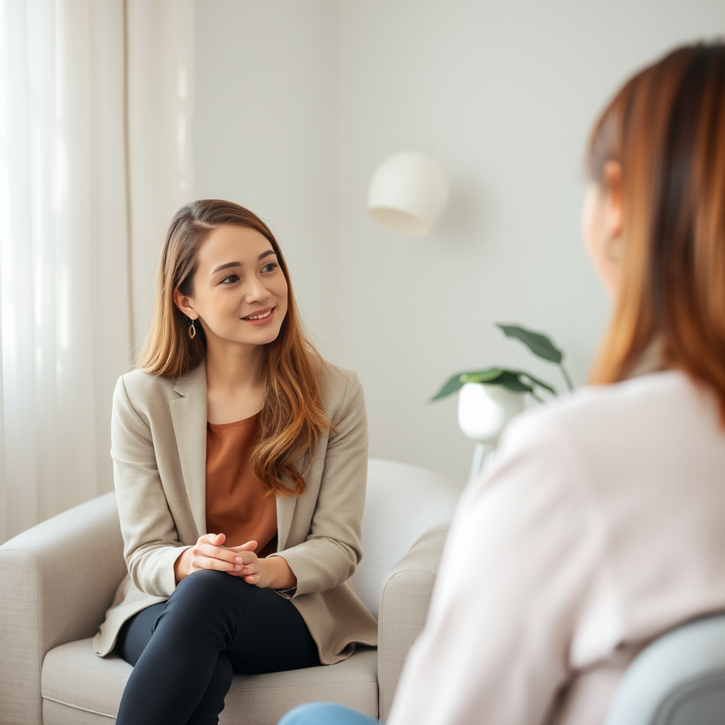 Een serene afbeelding van een professionele therapeut in gesprek met een cliënt in een rustige, veilige omgeving met zachte kleuren en natuurlijk licht