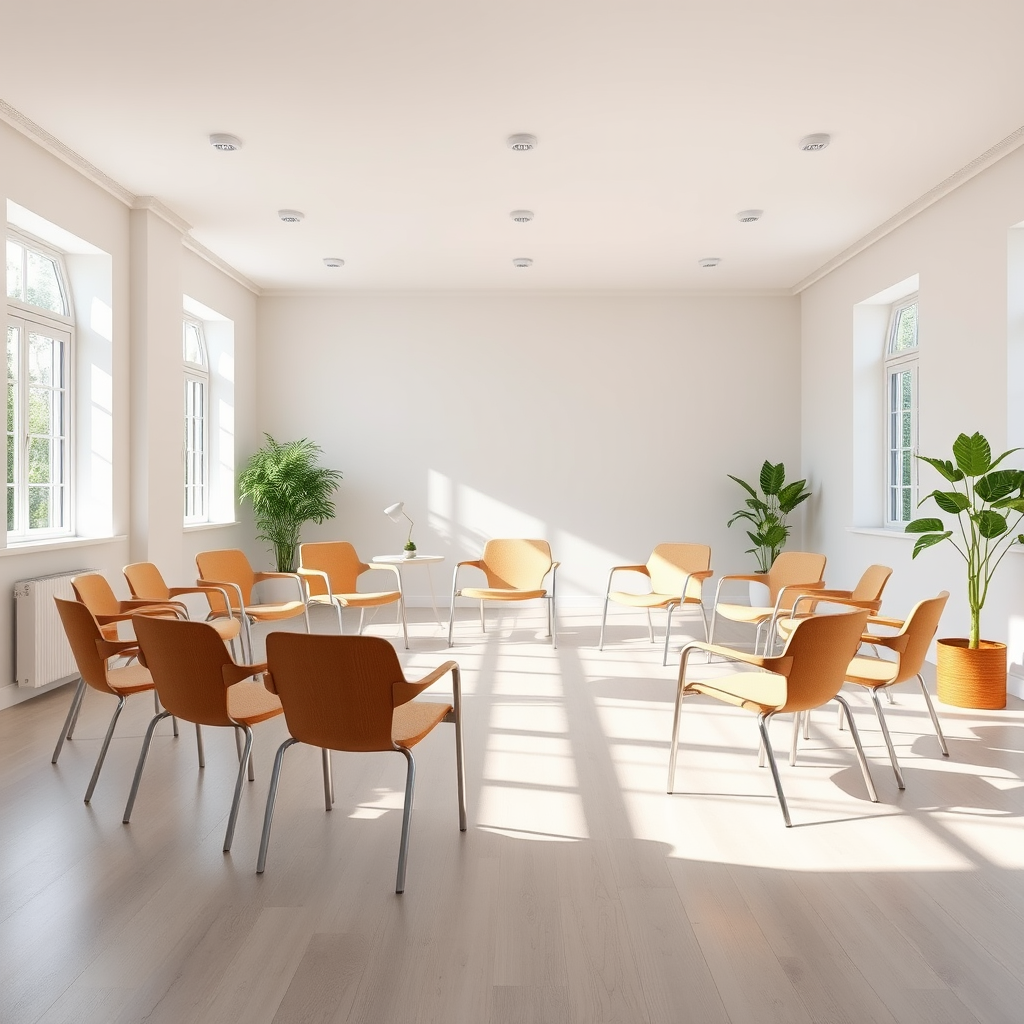 Ruime, lichte groepsruimte met stoelen in een cirkel, natuurlijk licht en een ondersteunende sfeer voor groepstherapie sessies