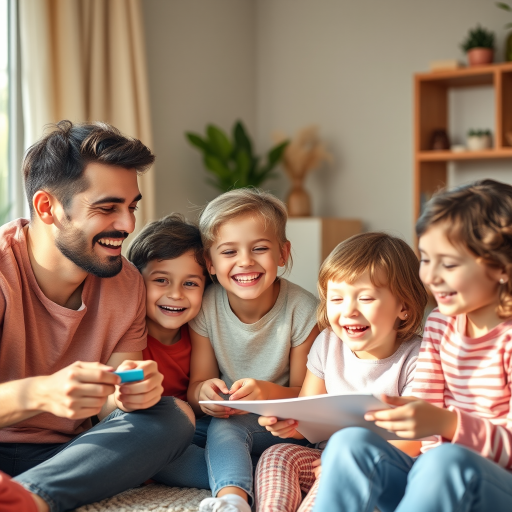 Een inspirerende afbeelding van een gelukkig gezin dat samen activiteiten doet, straalt veerkracht en emotioneel welzijn uit in een warme, ondersteunende omgeving